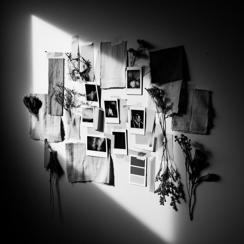 Mood board with fabric and photo swatches